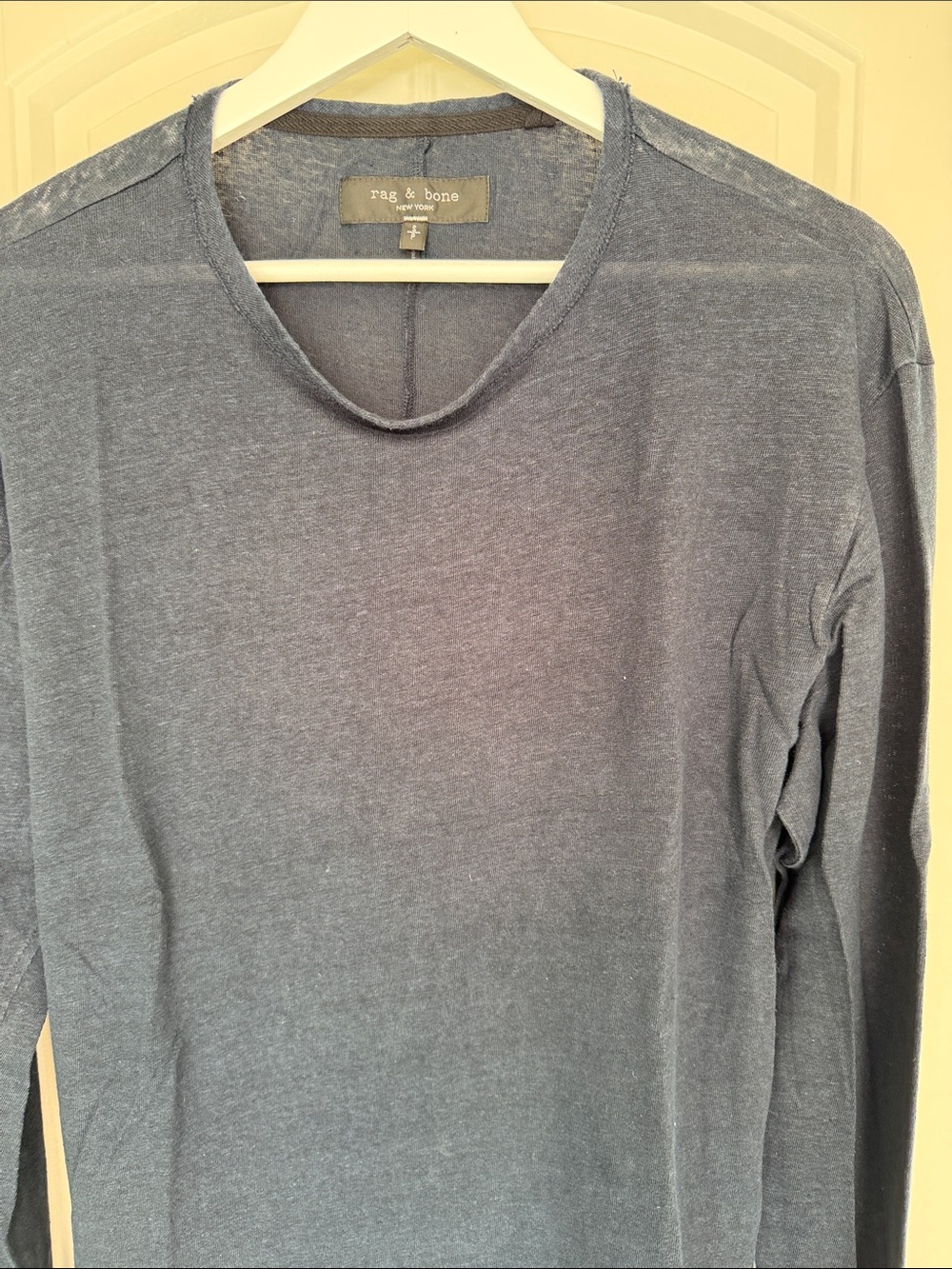 Crop Top Linen Navy Long Sleeve Lightweight Crew Top - Picture 2 of 4